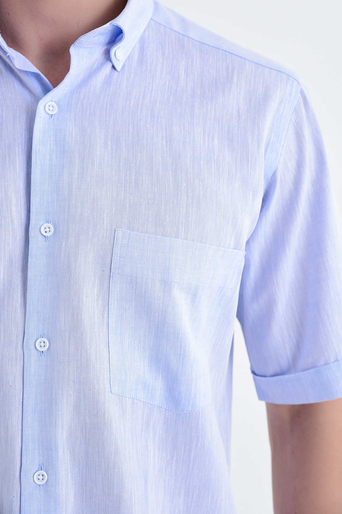 Regular Fit Linen & Cotton Blend Light Blue Casual Shirt