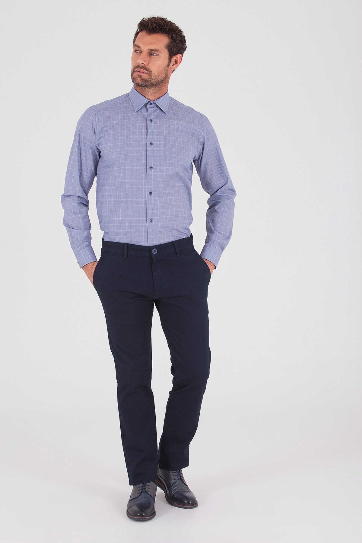 Regular Fit Long Sleeve Checked Cotton Dress Shirt Navy K.