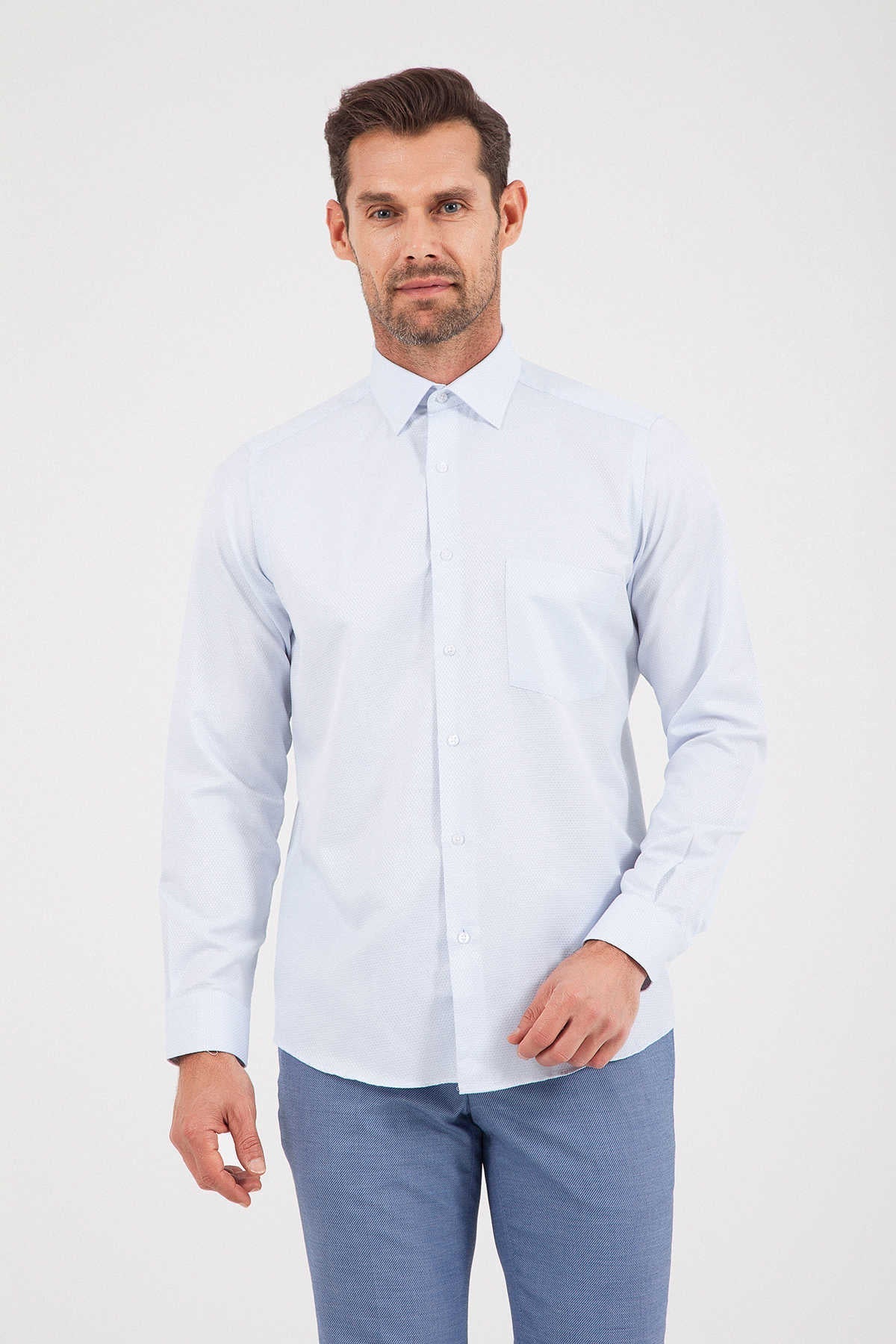 Regular Fit Long Sleeve Patterned Cotton Dress Shirt Blue