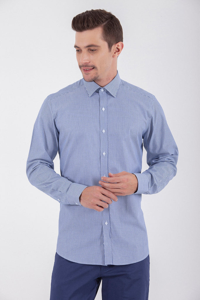 Regular Fit Long Sleeve Patterned Cotton Dress Shirt Navy