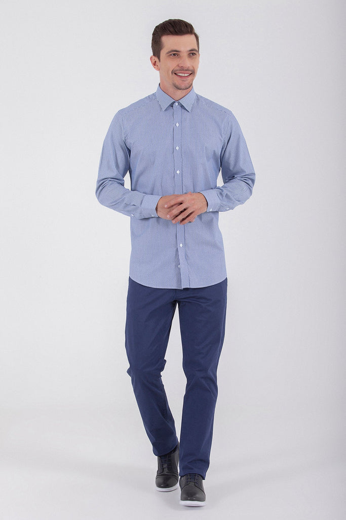 Regular Fit Long Sleeve Patterned Cotton Dress Shirt Navy