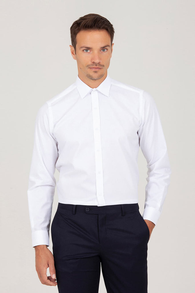 Regular Fit Long Sleeve Patterned Cotton Dress Shirt White
