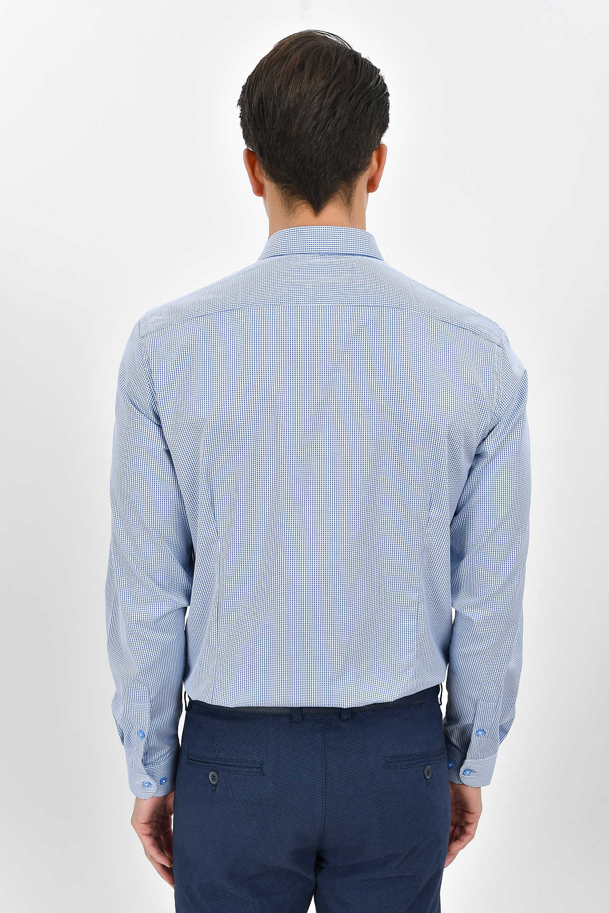 Regular Fit Long Sleeve Pin Check Cotton Blue Casual Shirt