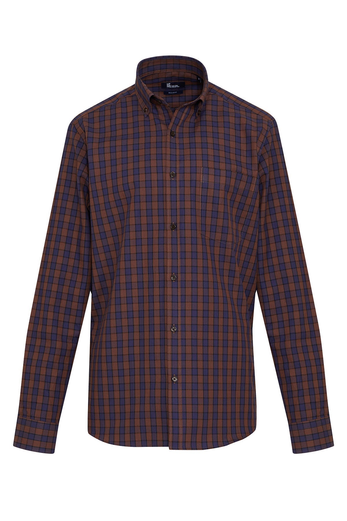 Regular Fit Long Sleeve Plaid Cotton Brown Casual Shirt