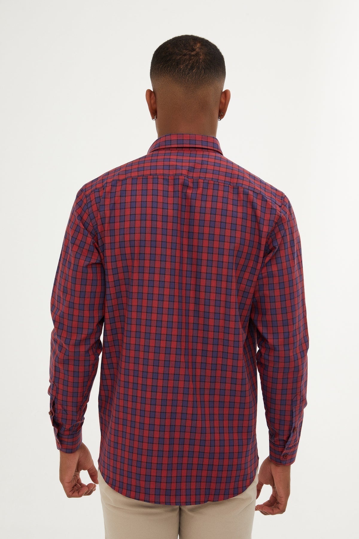 Regular Fit Long Sleeve Plaid Cotton Burgundy Casual Shirt