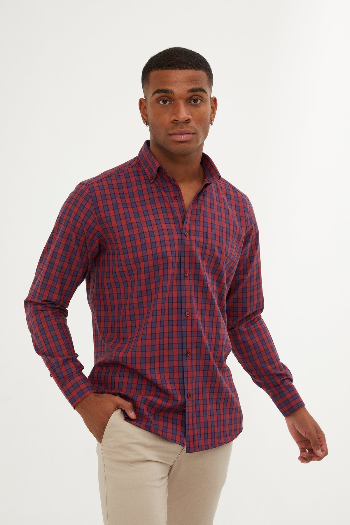 Regular Fit Long Sleeve Plaid Cotton Burgundy Casual Shirt