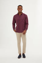 Regular Fit Long Sleeve Plaid Cotton Burgundy Casual Shirt