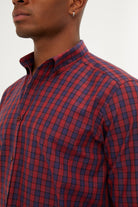 Regular Fit Long Sleeve Plaid Cotton Burgundy Casual Shirt