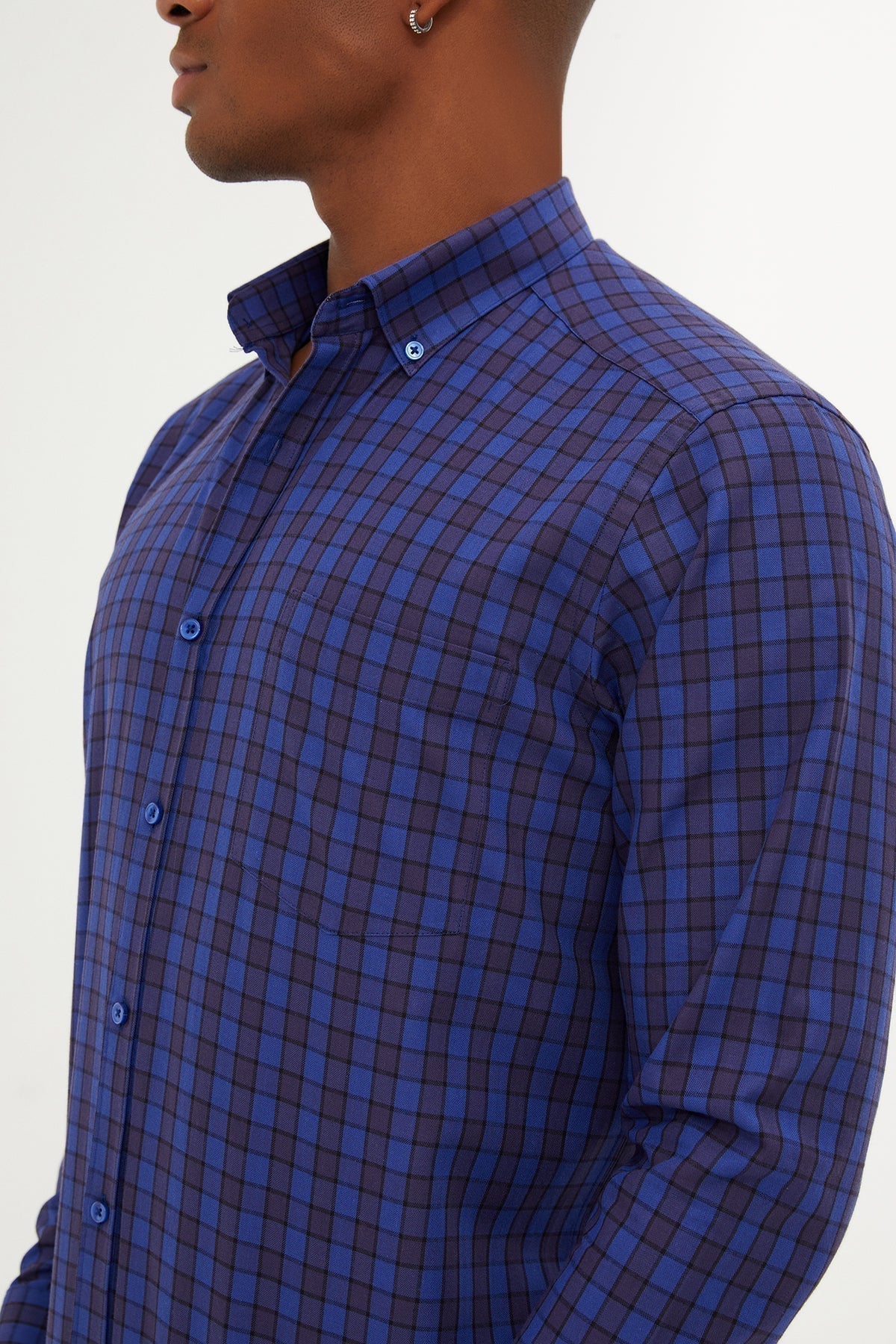 Regular Fit Long Sleeve Plaid Cotton Navy Casual Shirt - MIB