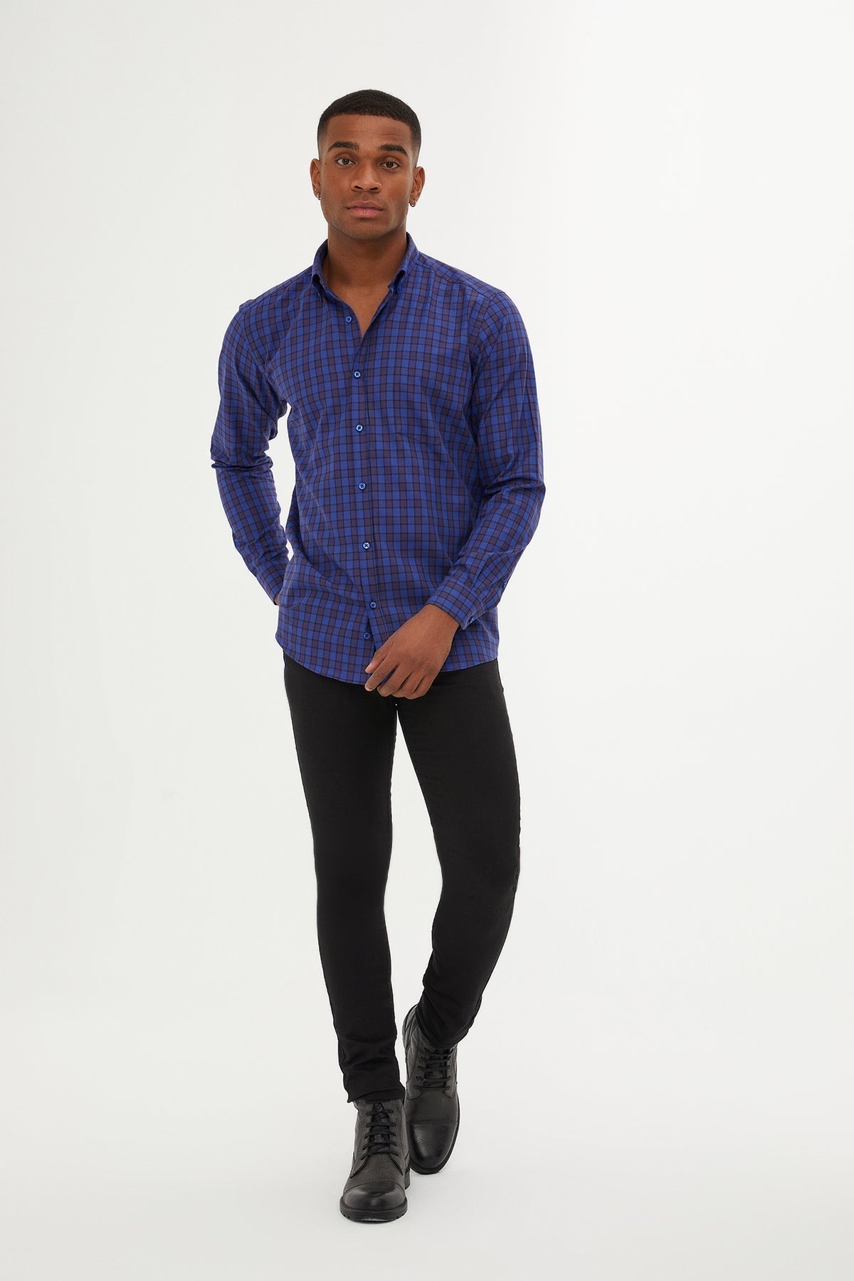 Regular Fit Long Sleeve Plaid Cotton Navy Casual Shirt - MIB