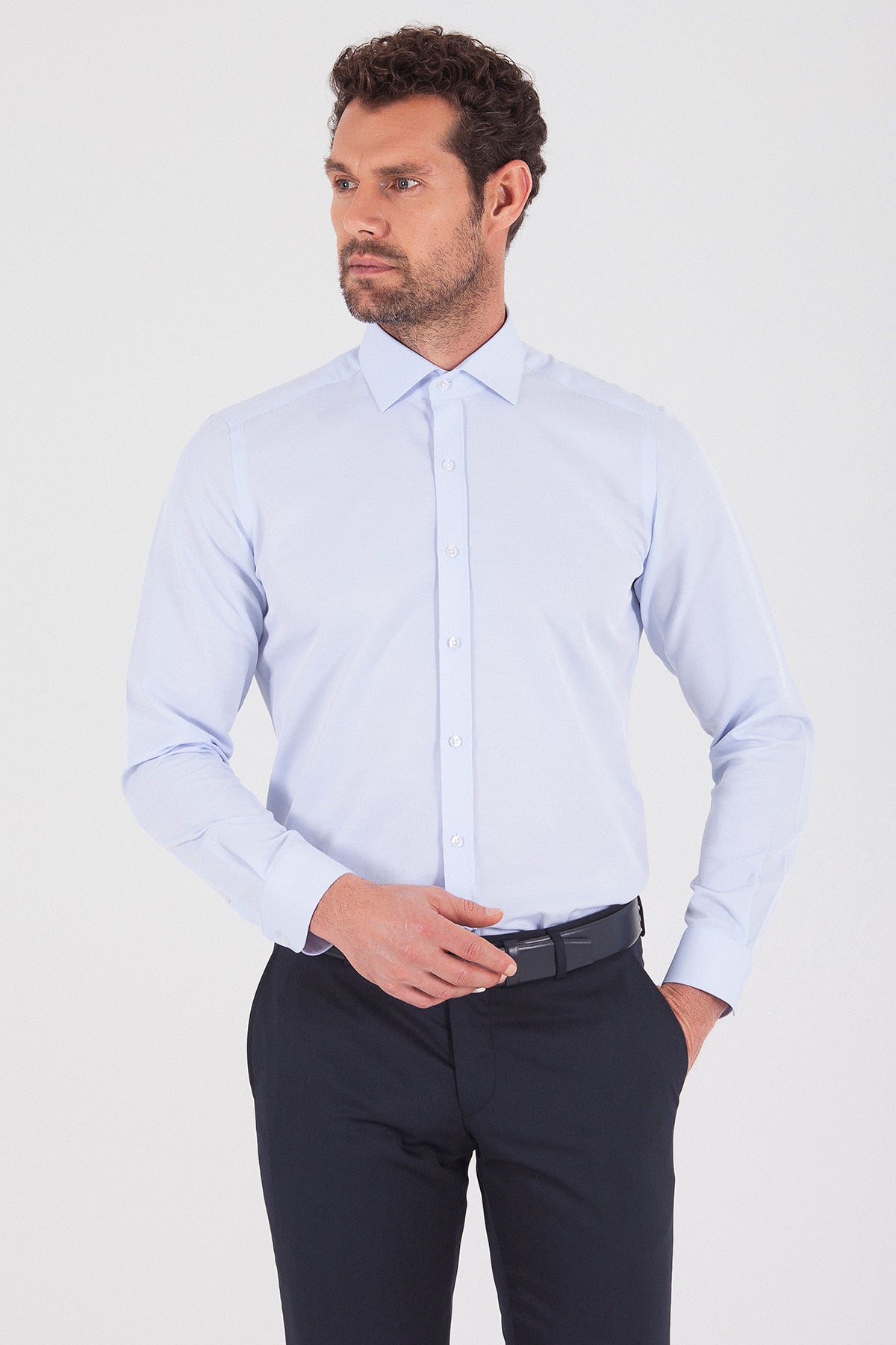 Regular Fit Long Sleeve Plain Cotton Blend Dress Shirt Ice