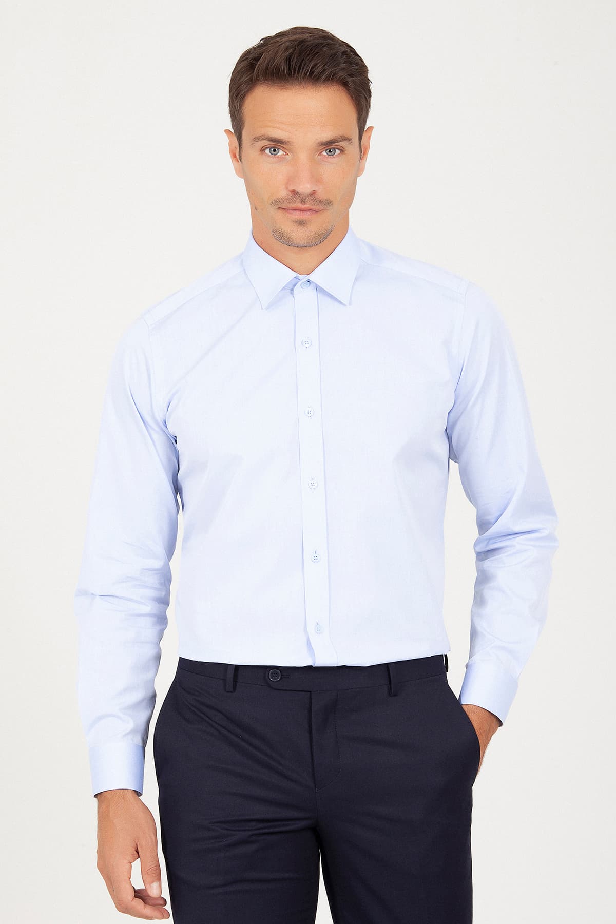 Regular Fit Long Sleeve Plain Cotton Blue Dress Shirt - MIB