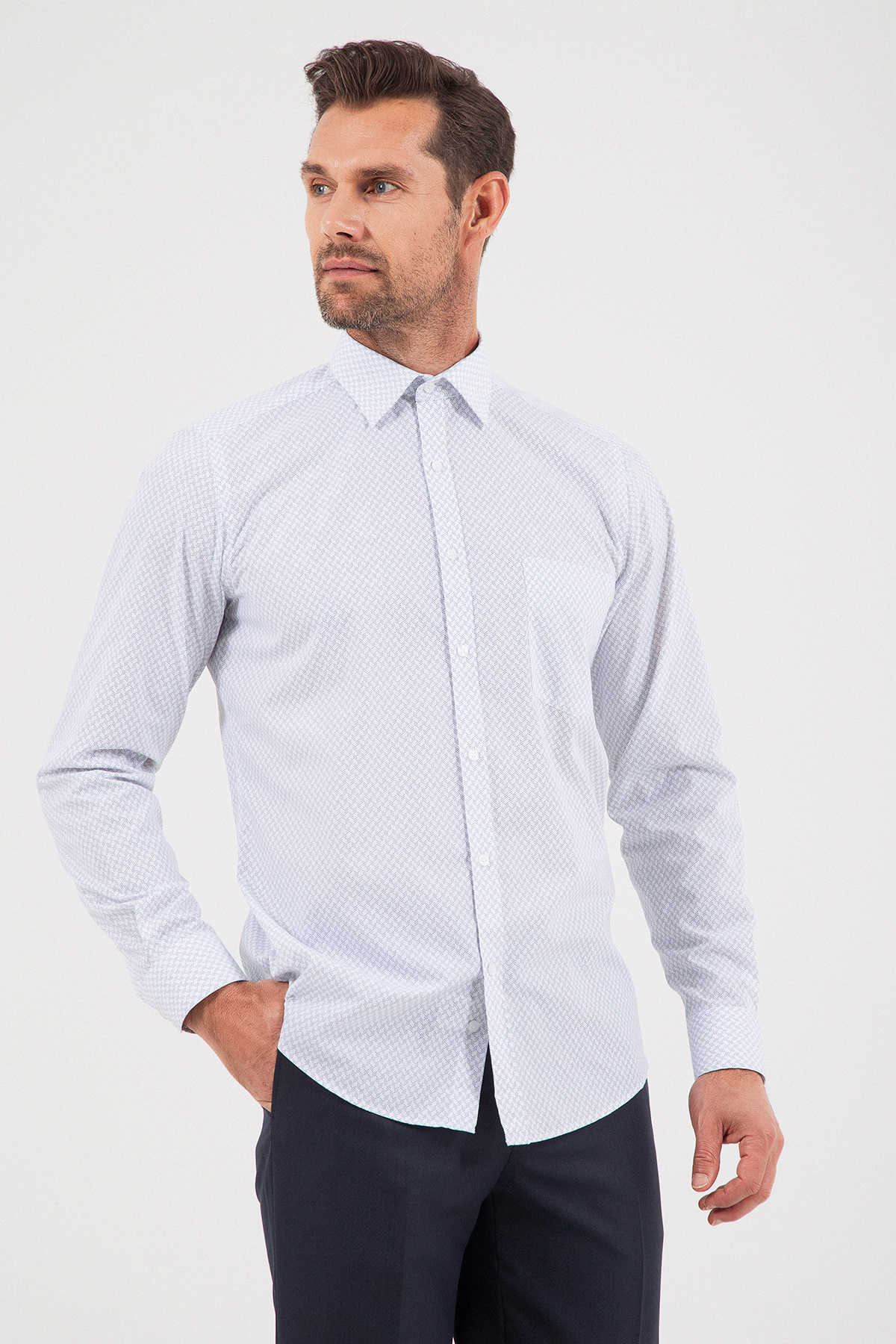 Regular Fit Long Sleeve Printed Cotton Blend Dress Shirt