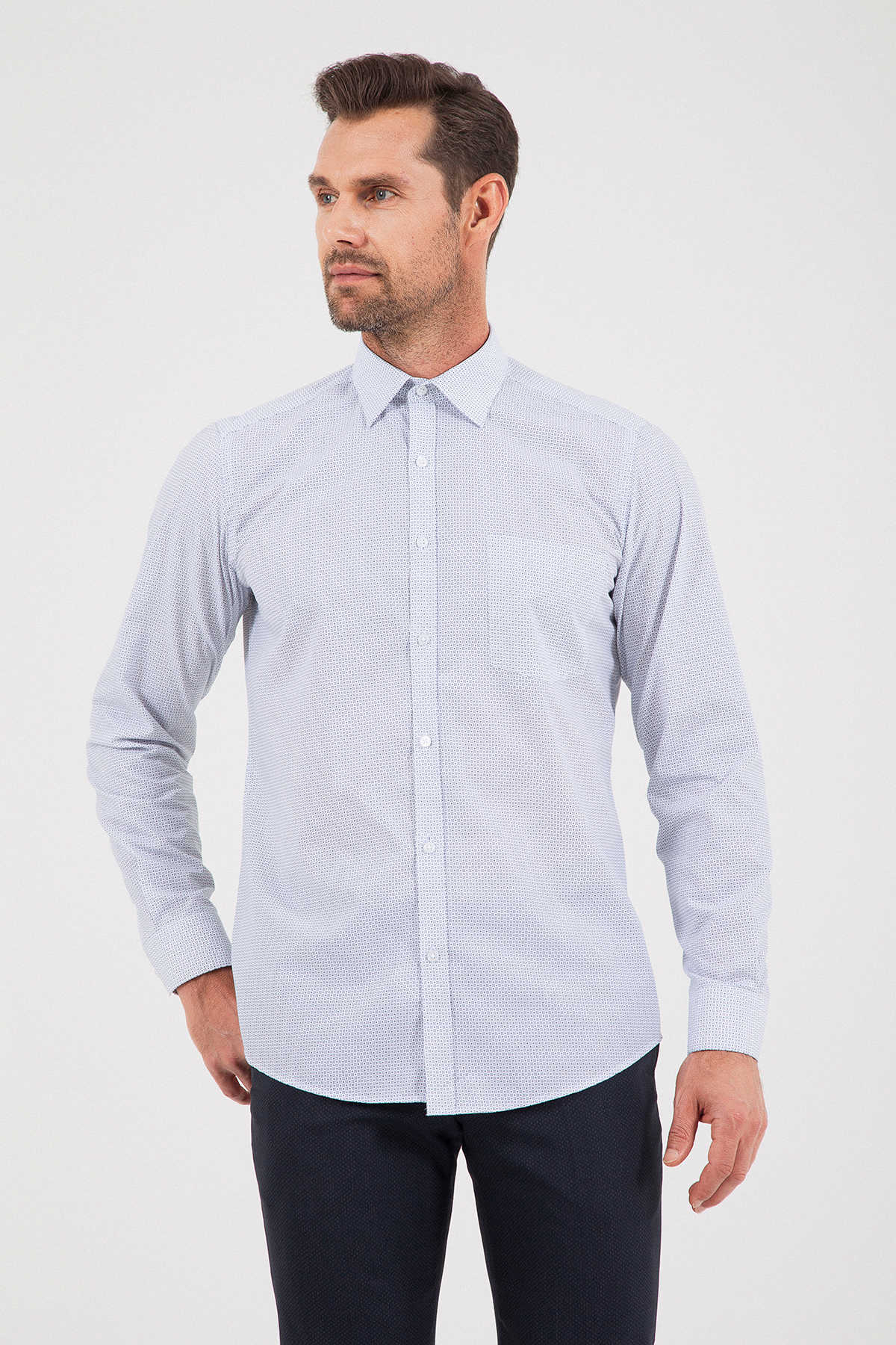 Regular Fit Long Sleeve Printed Cotton Blend Dress Shirt