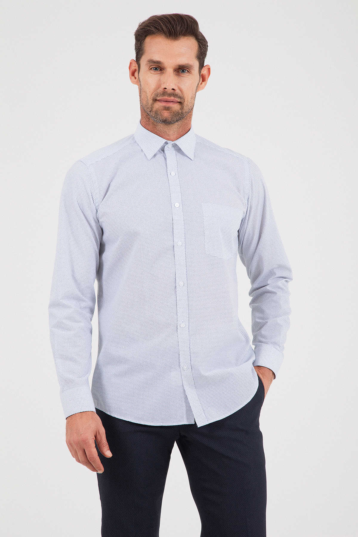 Regular Fit Long Sleeve Printed Cotton Blend Dress Shirt