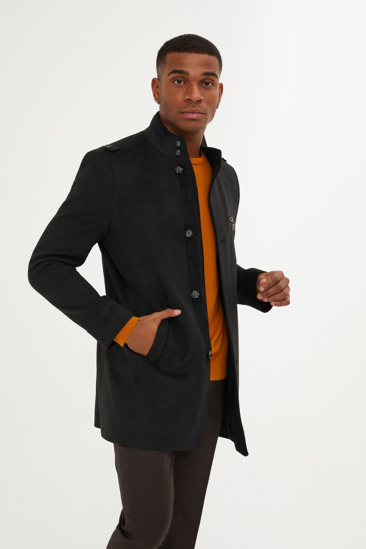 Regular Fit Notch Lapel Brown Overcoat Charcoal - MIB