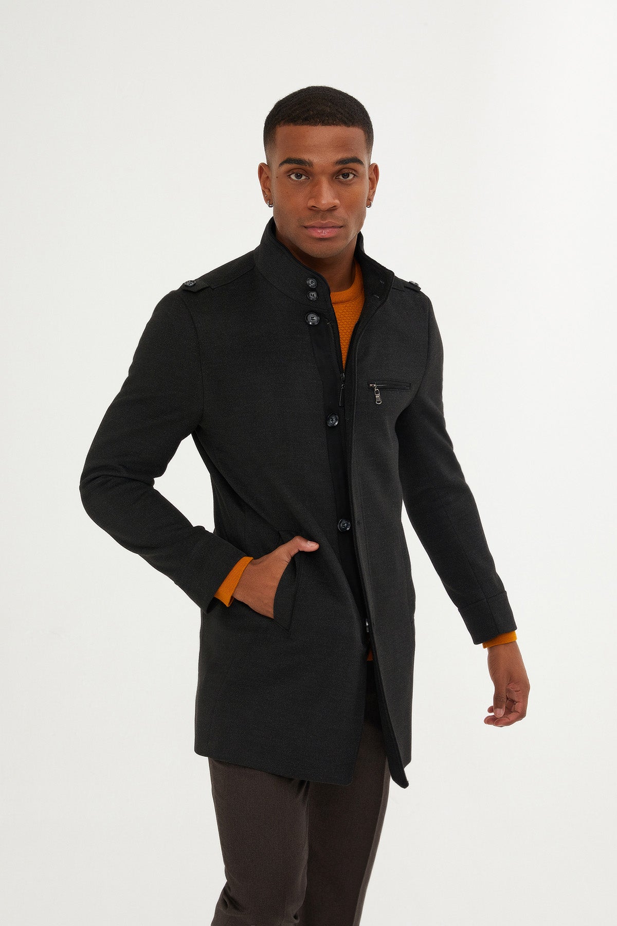 Regular Fit Notch Lapel Brown Overcoat Charcoal - MIB