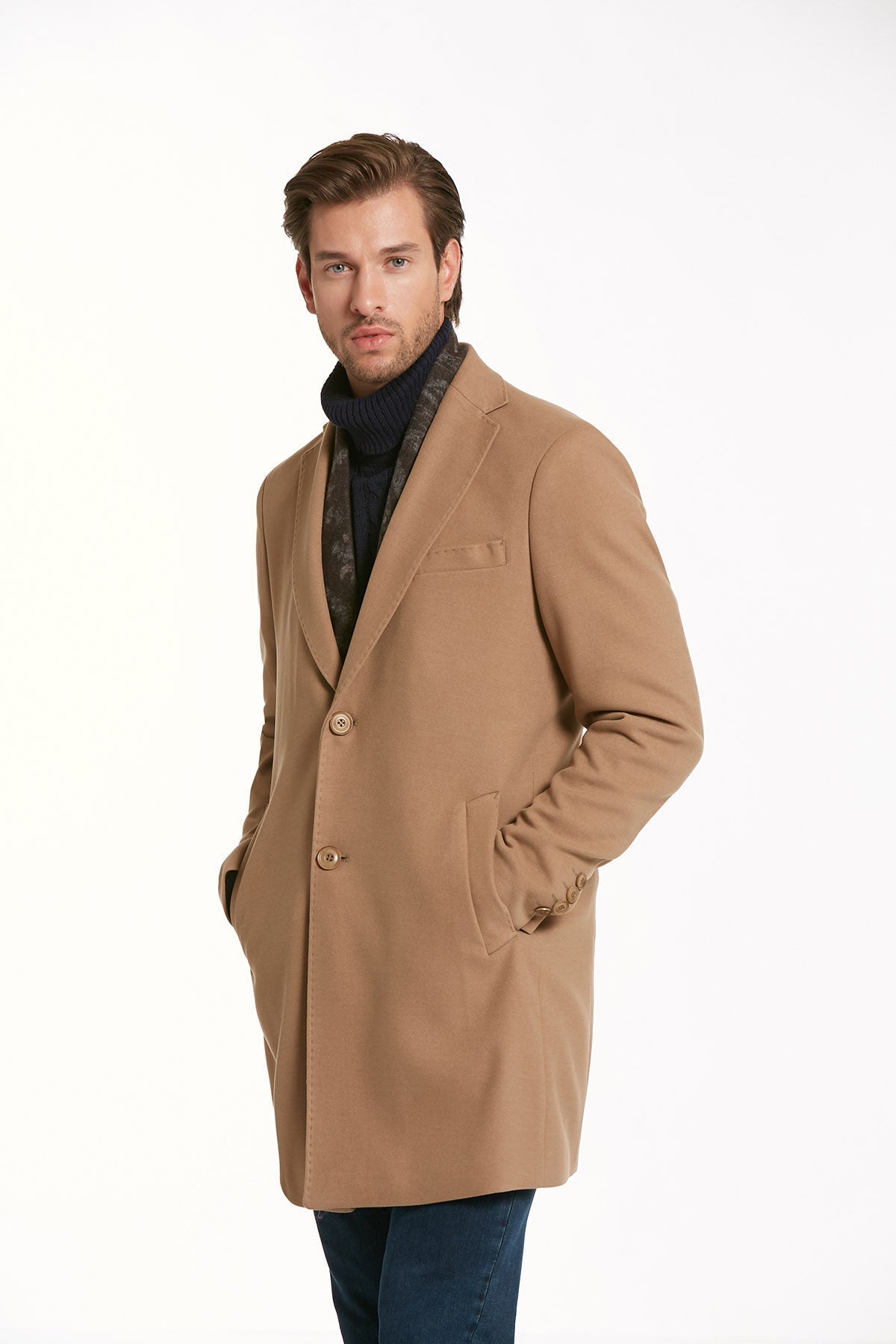 Regular Fit Notch Lapel Camel Overcoat - SAYKI