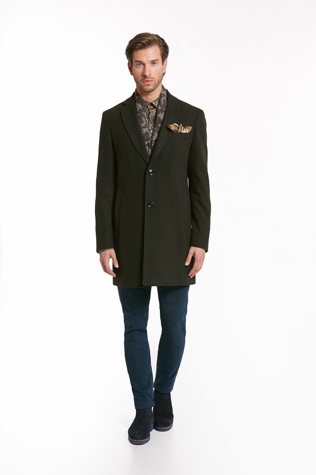 Regular Fit Notch Lapel Khaki Overcoat - SAYKI