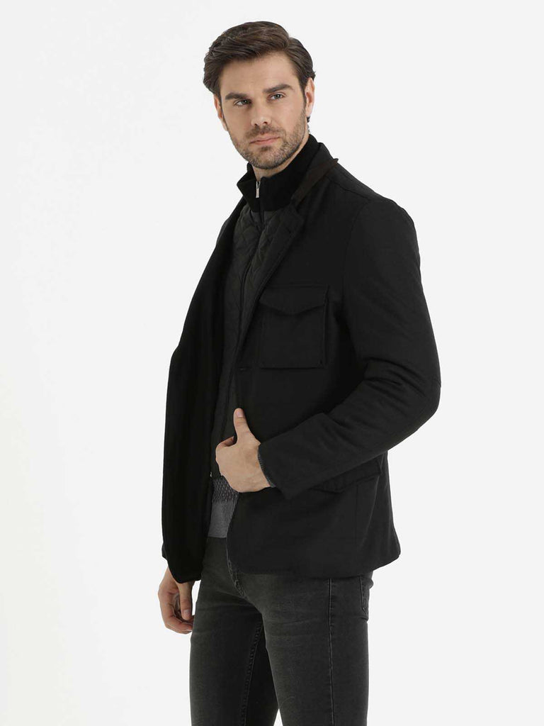 Regular Fit Notch Lapel Woollen Coat Black - Sayki