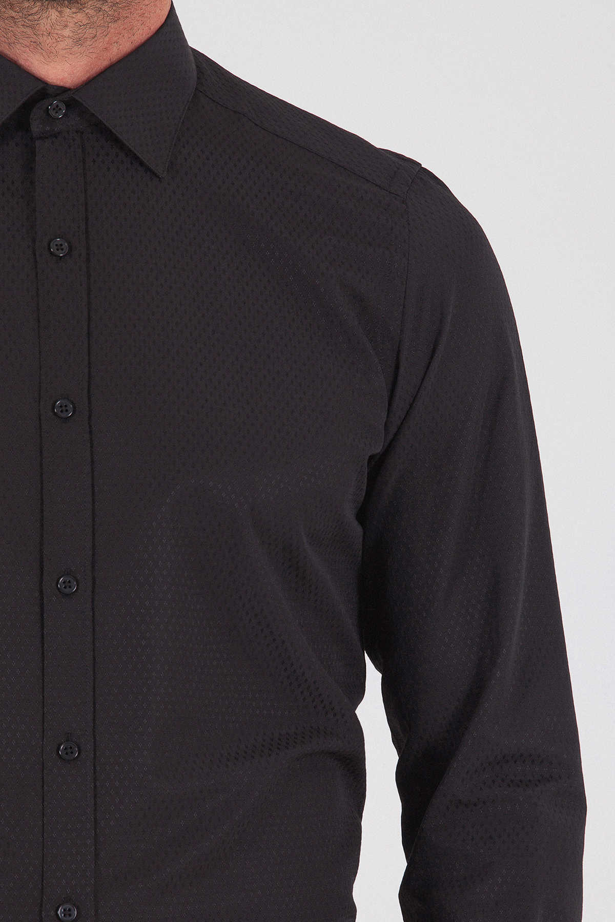 Regular Fit Patterned Cotton Blend Dress Shirt Black D.