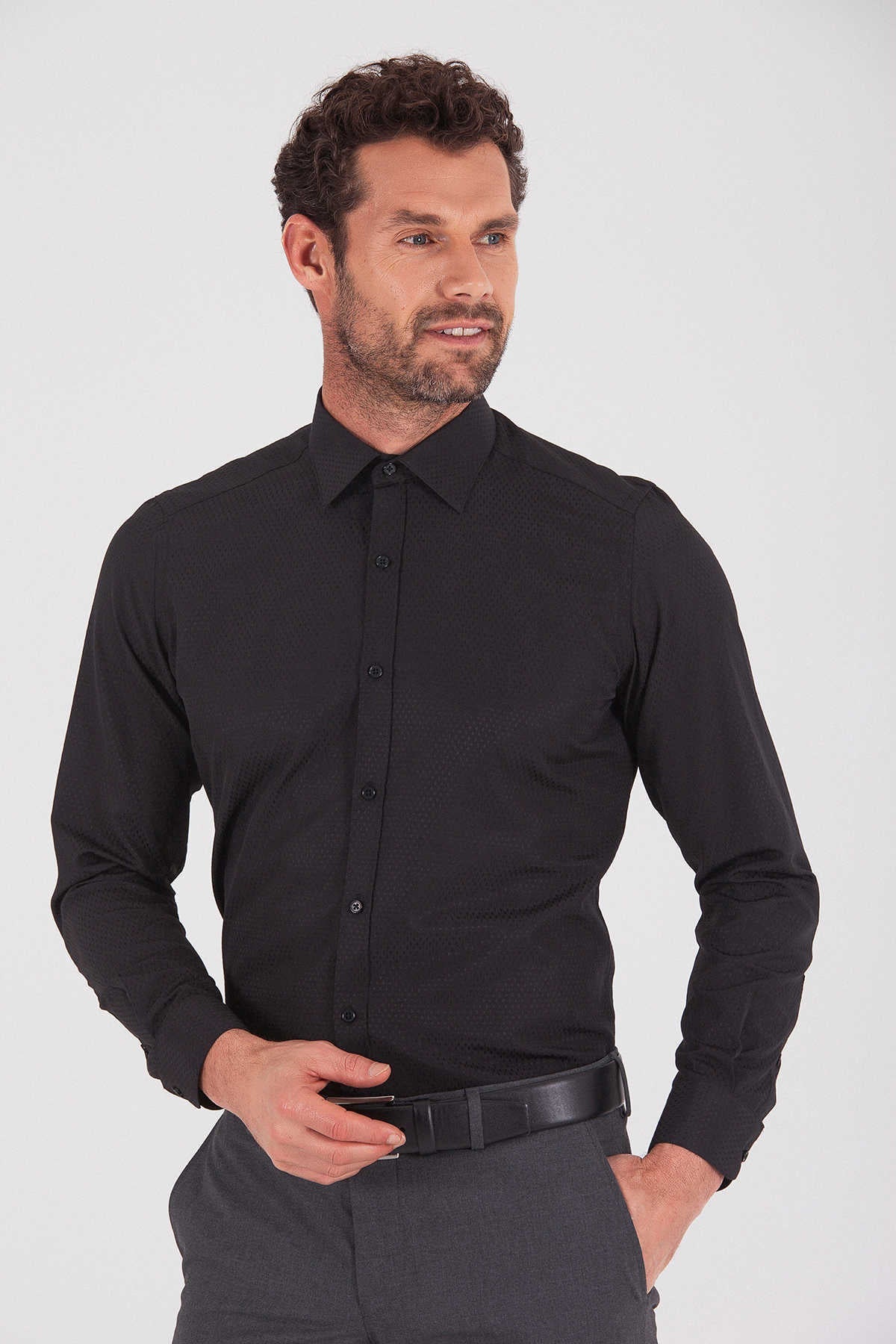 Regular Fit Patterned Cotton Blend Dress Shirt Black D.