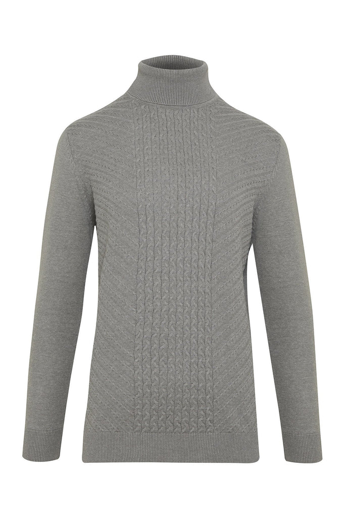 Regular Fit Patterned Cotton Blend Ecru Turtleneck Sweater