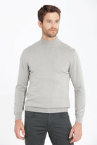 Regular Fit Patterned Cotton Blend Gray Mock Neck Sweater