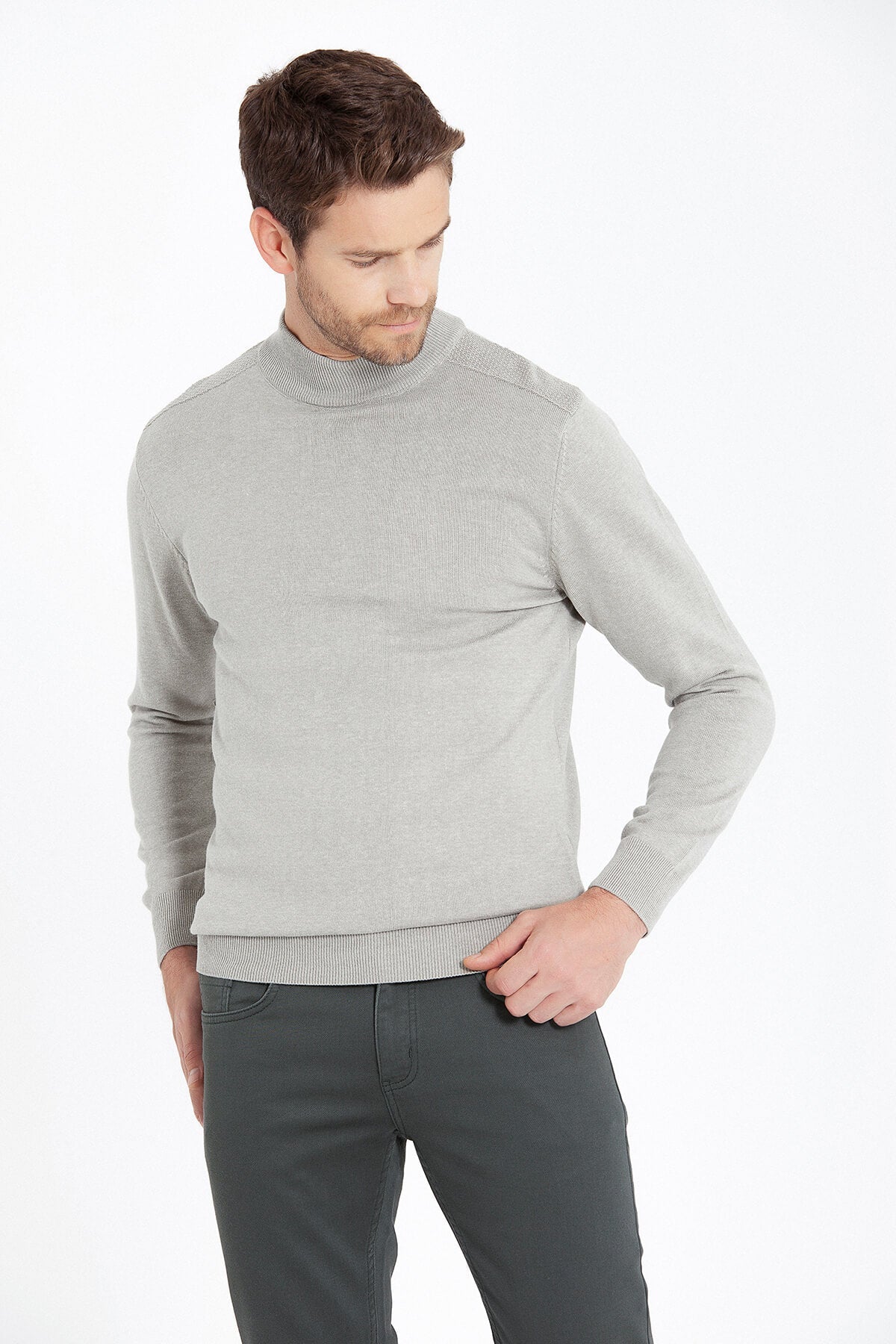 Regular Fit Patterned Cotton Blend Gray Mock Neck Sweater