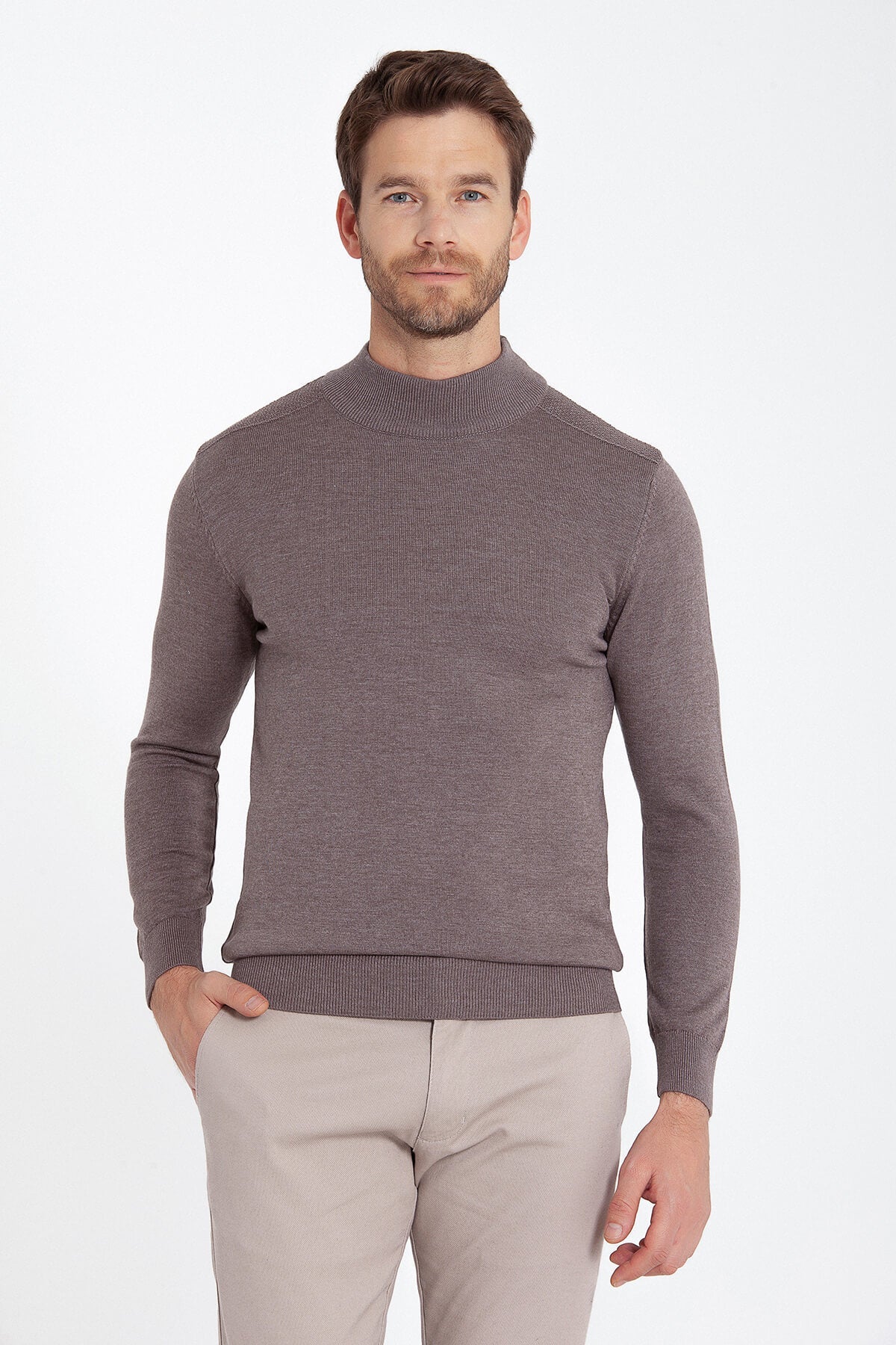 Regular Fit Patterned Cotton Blend Gray Mock Neck Sweater