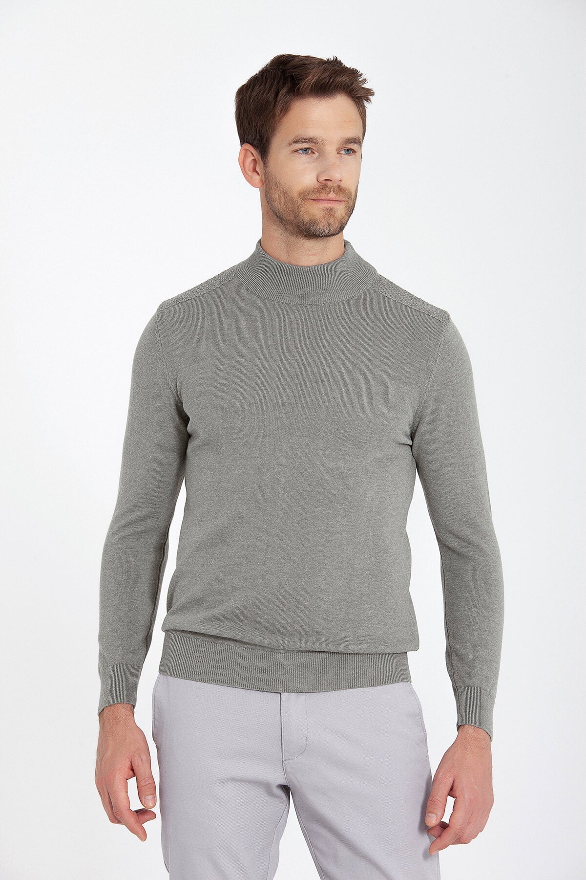 Regular Fit Patterned Cotton Blend Gray Mock Neck Sweater