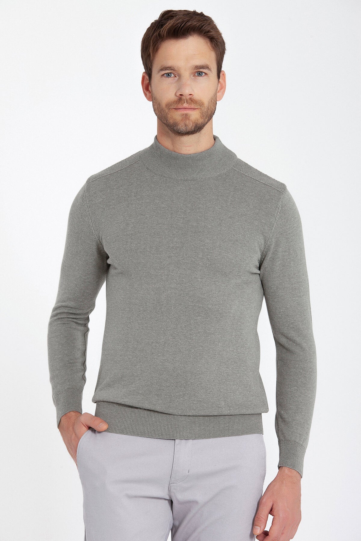 Regular Fit Patterned Cotton Blend Gray Mock Neck Sweater