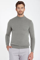 Regular Fit Patterned Cotton Blend Gray Mock Neck Sweater