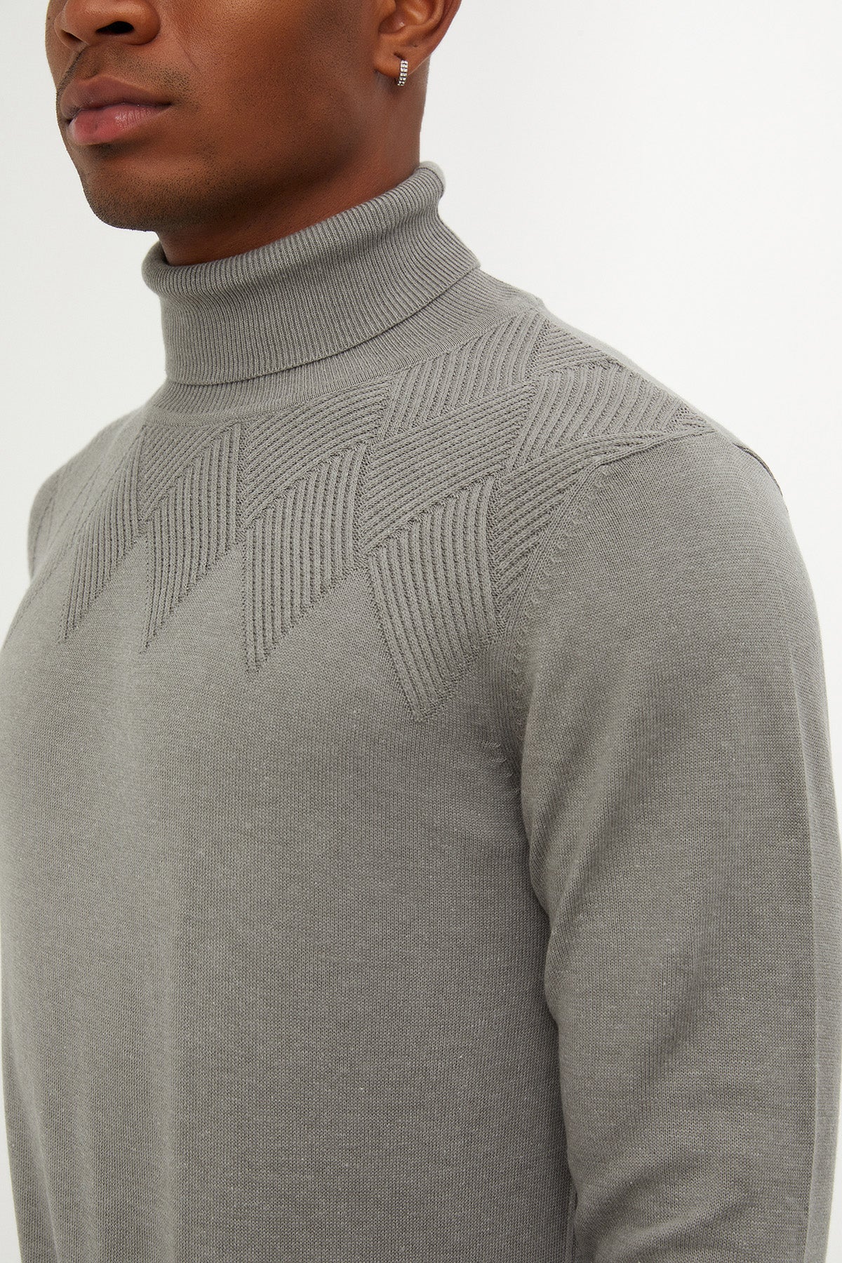 Regular Fit Patterned Cotton Blend Khaki Turtleneck Sweater