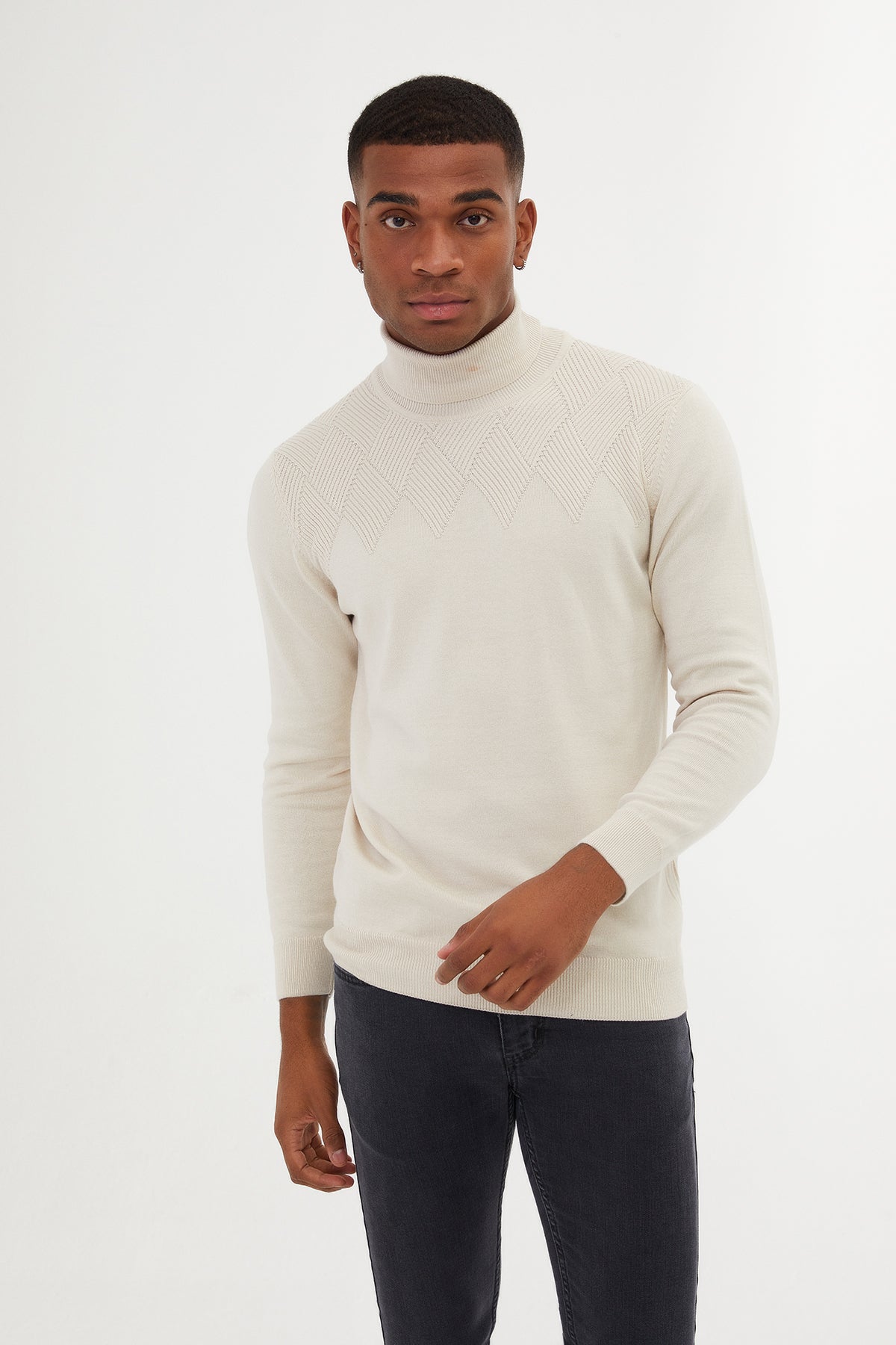 Regular Fit Patterned Cotton Blend Khaki Turtleneck Sweater