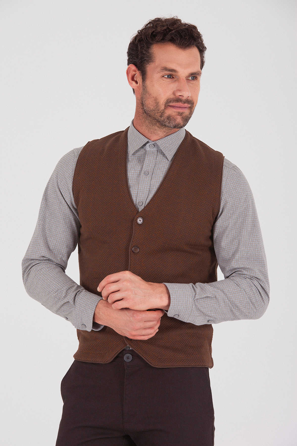 Regular Fit Patterned Cotton Blend Light Brown - Tan Vest