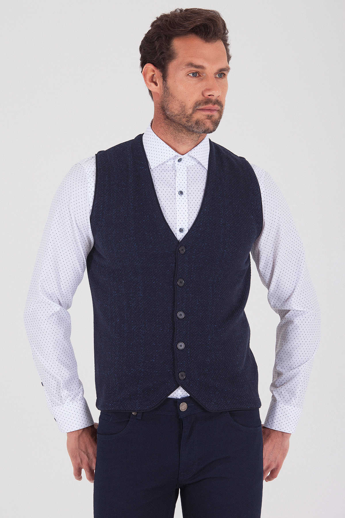 Regular Fit Patterned Cotton Blend Navy & Indigo Vest