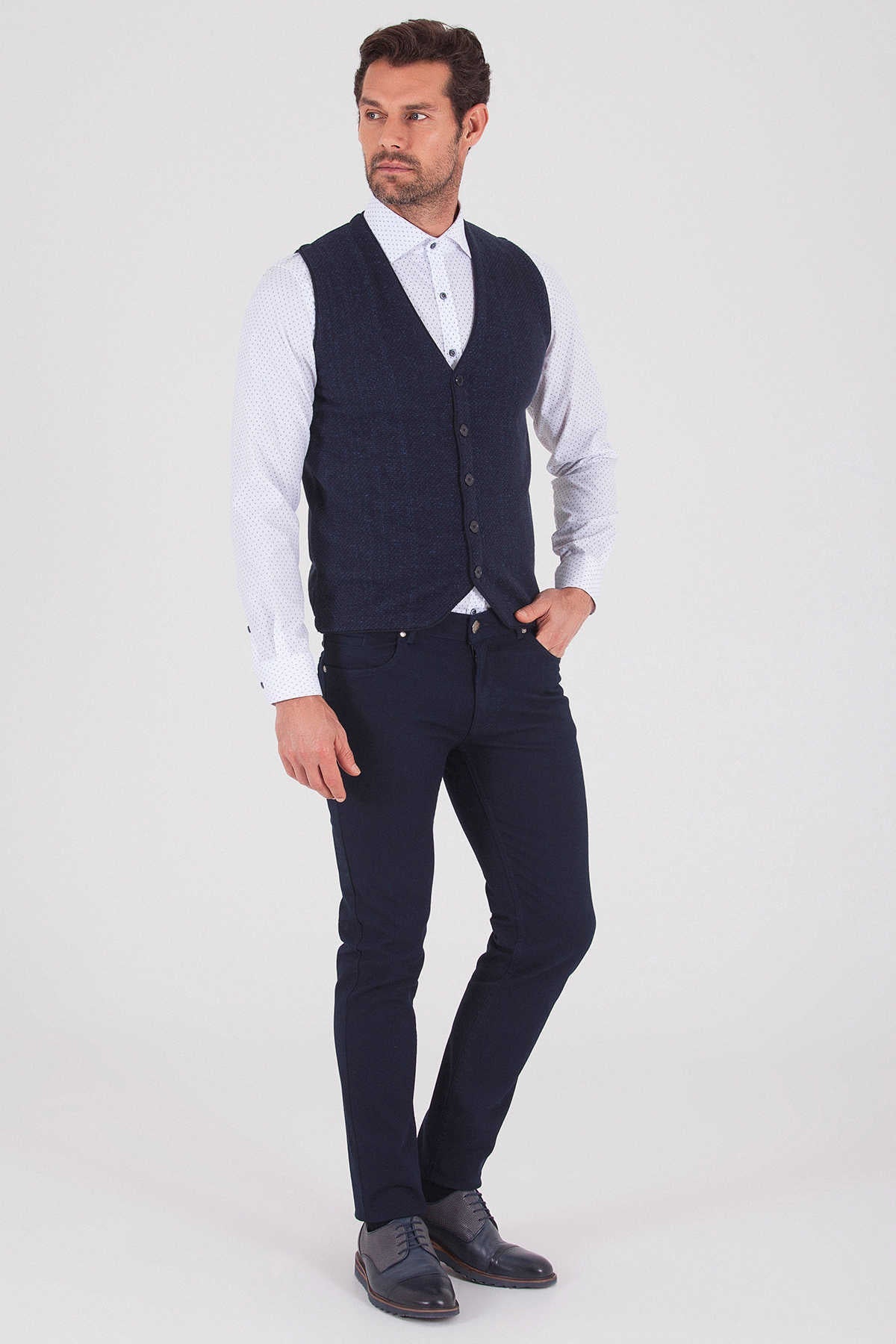 Regular Fit Patterned Cotton Blend Navy & Indigo Vest