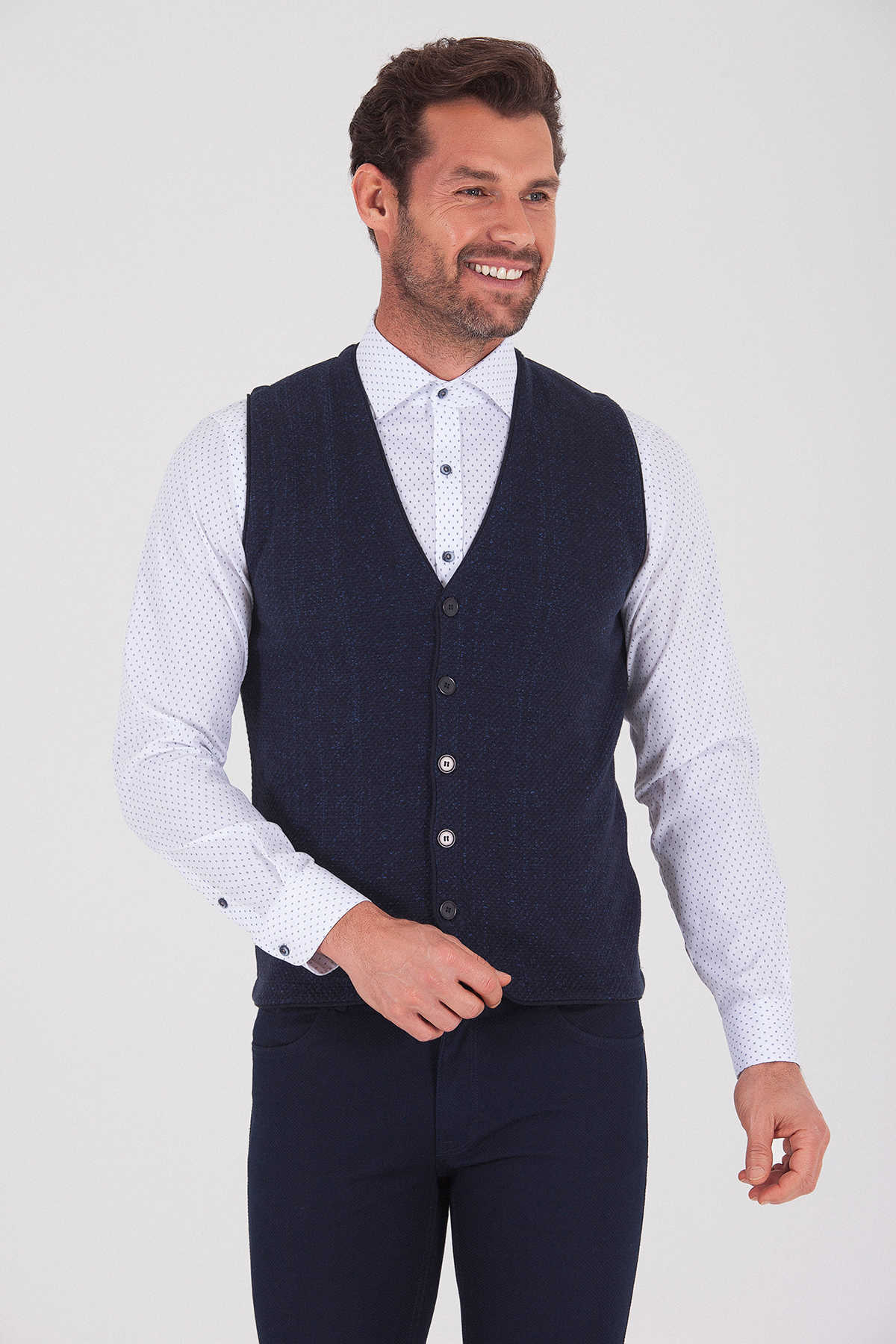 Regular Fit Patterned Cotton Blend Navy & Indigo Vest