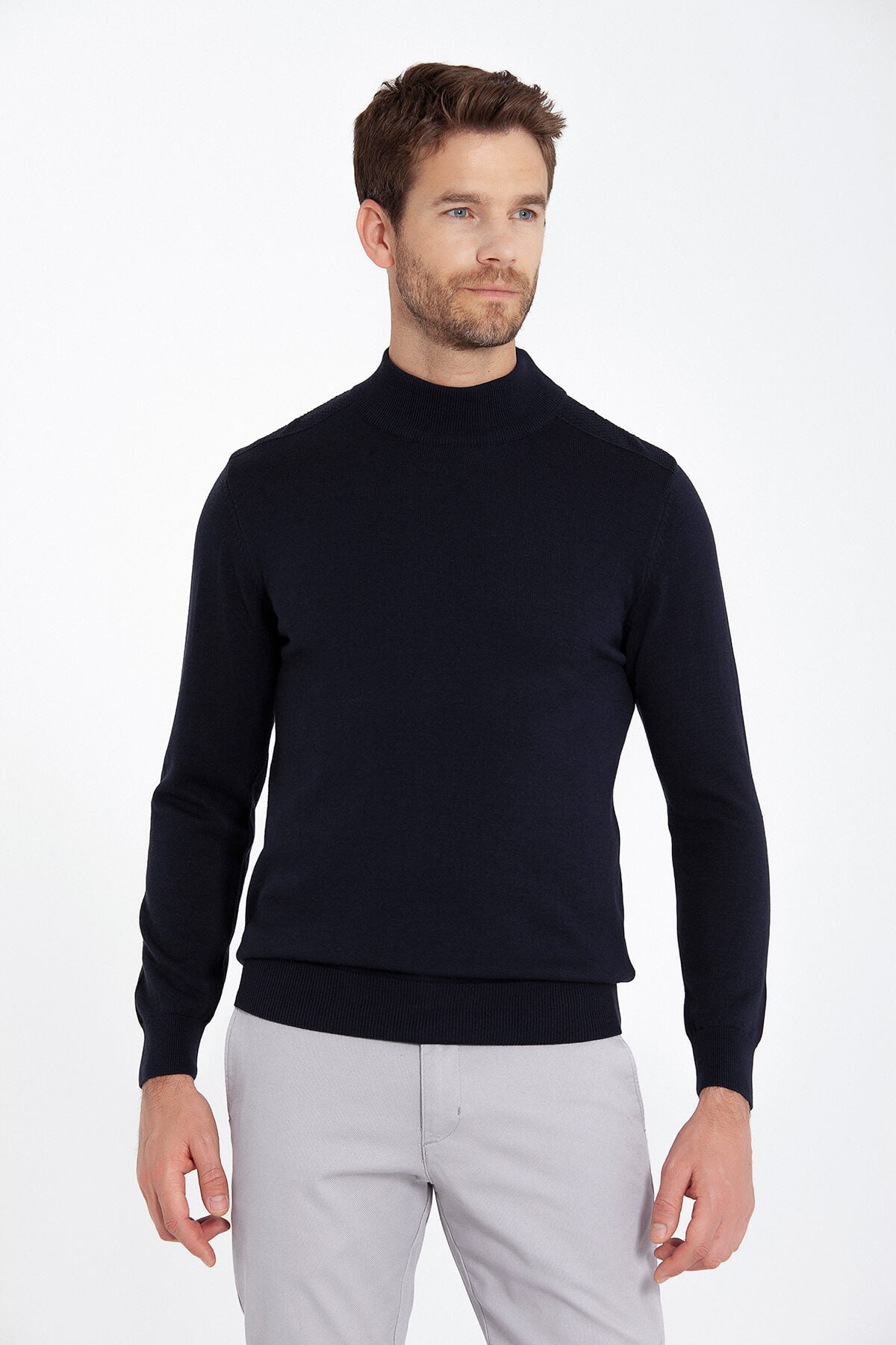 Regular Fit Patterned Cotton Blend Navy Mock Neck Sweater