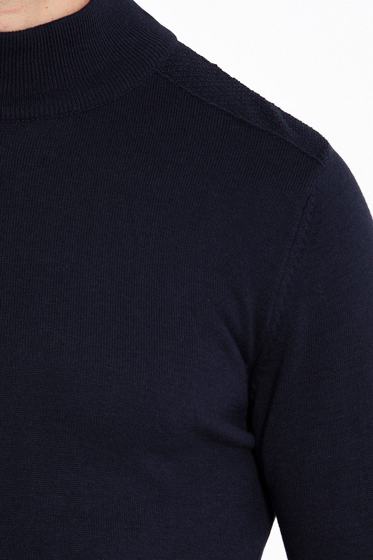 Regular Fit Patterned Cotton Blend Navy Mock Neck Sweater