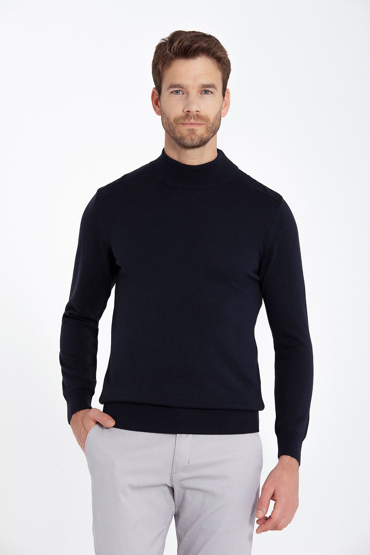 Regular Fit Patterned Cotton Blend Navy Mock Neck Sweater