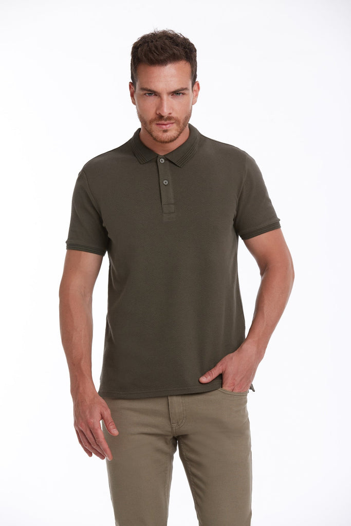Regular Fit Patterned Cotton Blend Polo T-shirt Khaki - MIB
