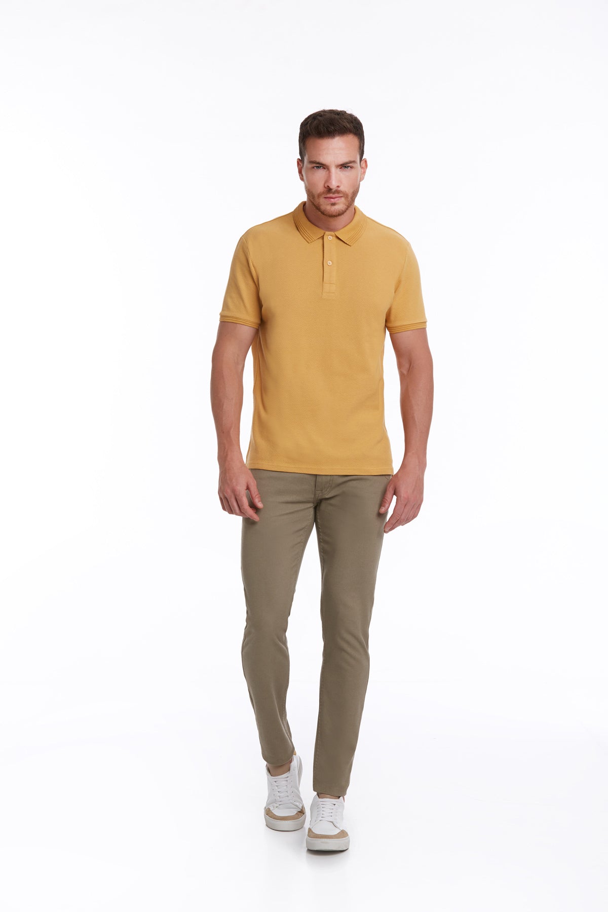 Regular Fit Patterned Cotton Blend Polo T-shirt Mustard