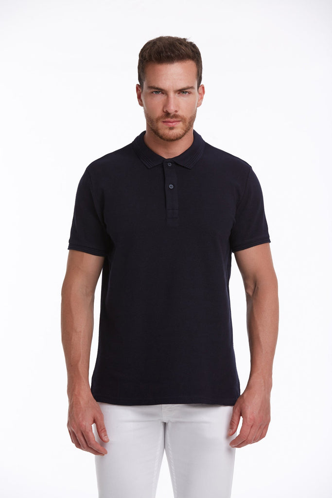 Regular Fit Patterned Cotton Blend Polo T-shirt Navy - MIB