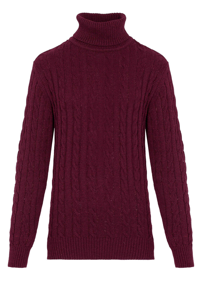 Regular Fit Patterned Wool Blend Burgundy Turtleneck