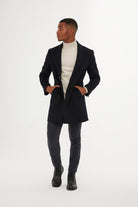 Regular Fit Peaked Lapel Wool Blend Navy Overcoat - MIB