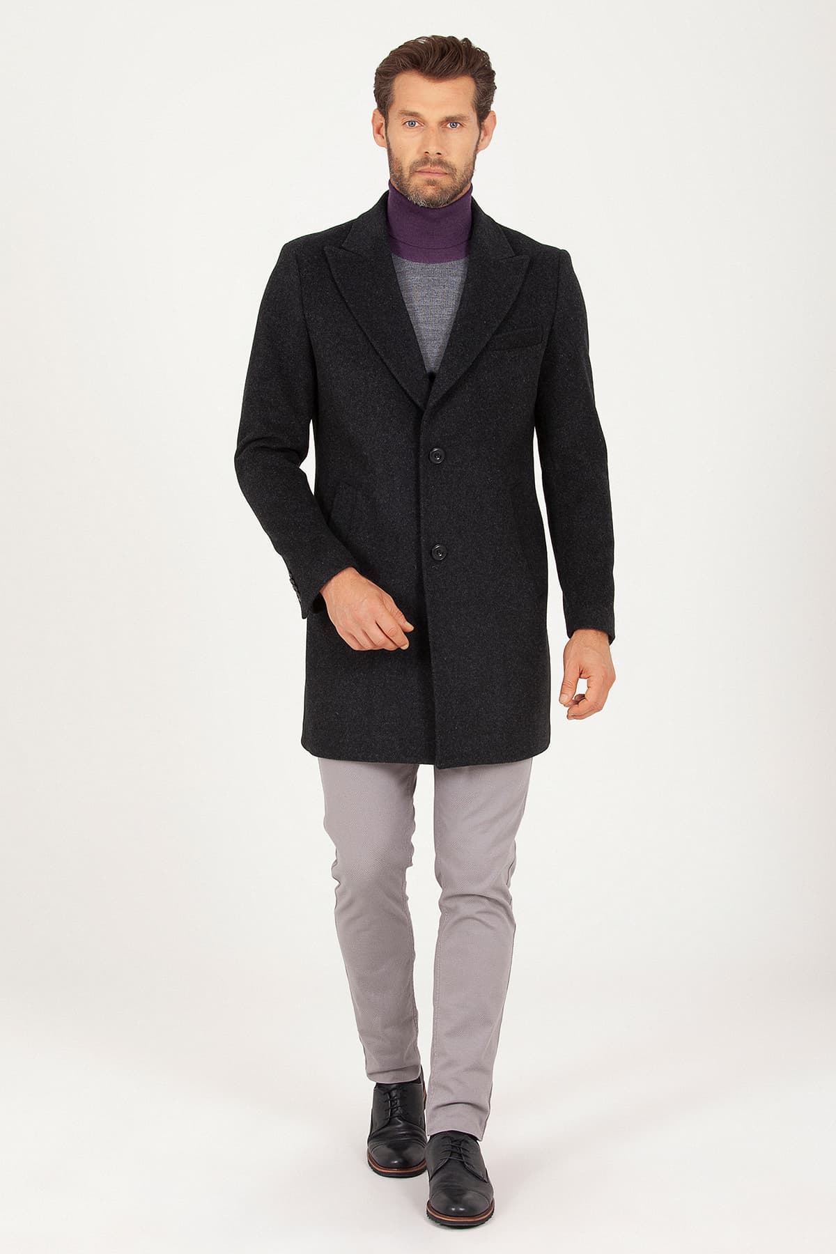 Regular Fit Peaked Lapel Wool & Cashmere Black Overcoat