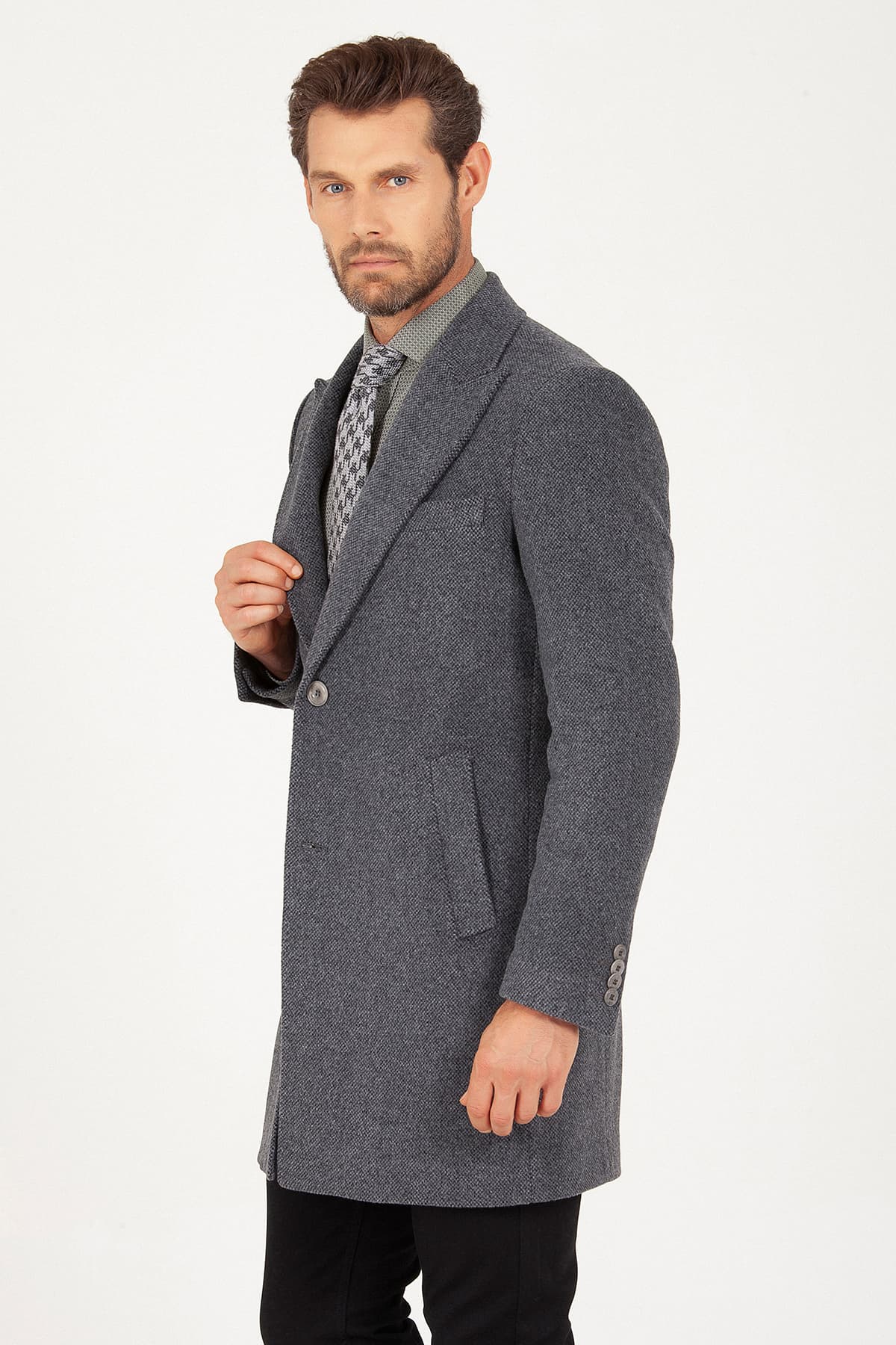 Regular Fit Peaked Lapel Wool & Cashmere Gray Overcoat - MIB