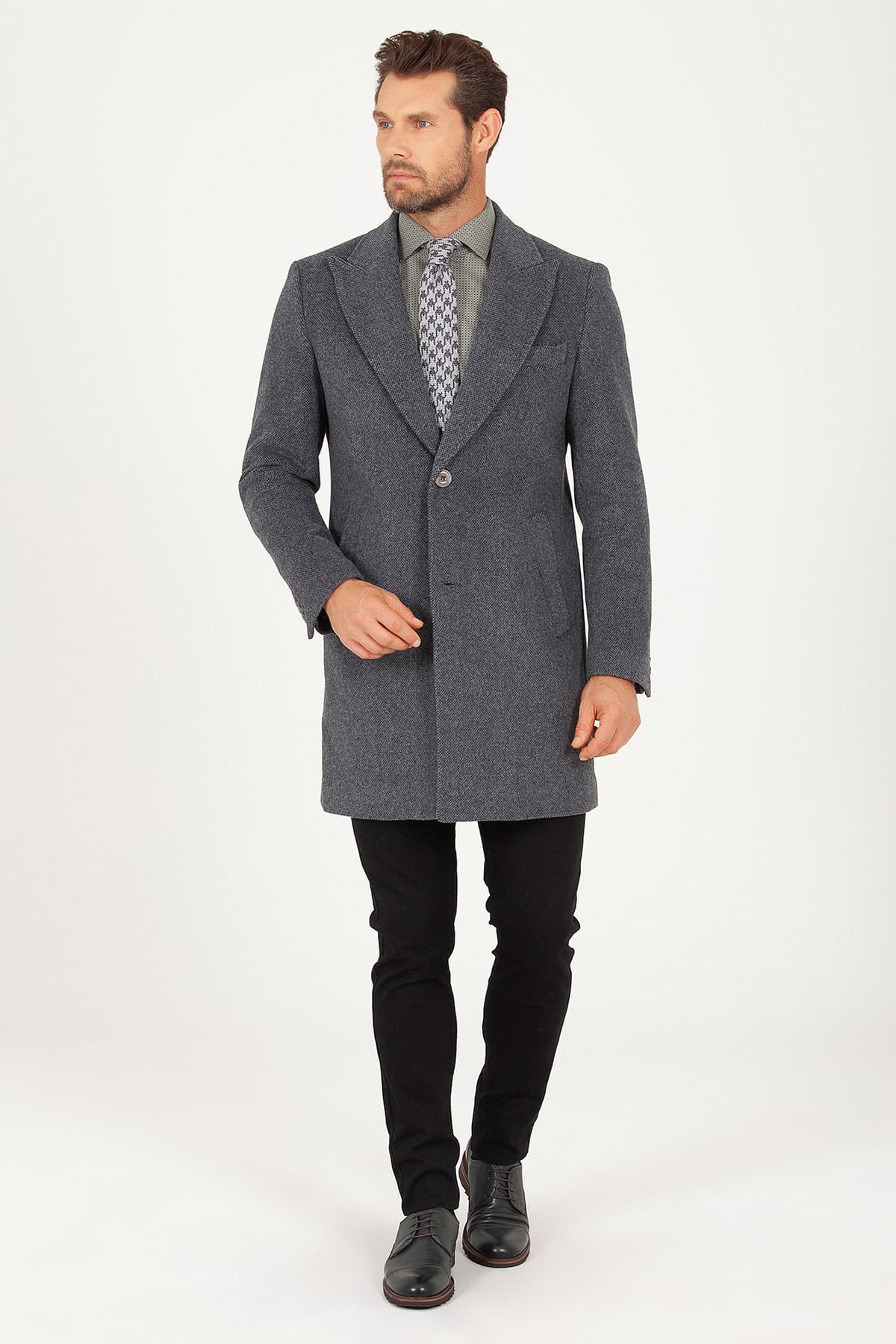 Regular Fit Peaked Lapel Wool & Cashmere Gray Overcoat - MIB